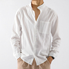 夏季亚麻衬衫男长袖修身休闲薄款纯色，日系复古工装春秋季棉麻衬衣