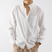 夏季亚麻衬衫男长袖，修身休闲薄款纯色，日系复古工装春秋季棉麻衬衣