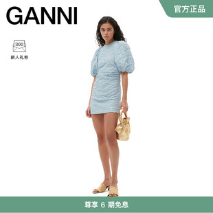 GANNI女装 天蓝色提花泡泡袖修身短款包臀裙连衣裙 F8203772