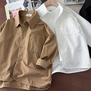 韩版男童纯棉衬衫~宽松休闲开衫外套中大童，长袖衬衣净色翻领上衣