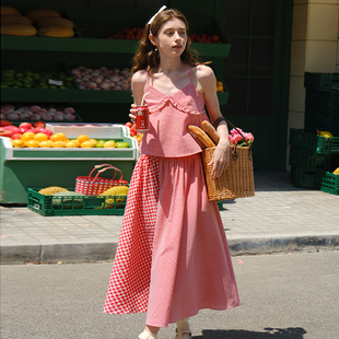 mintcheese夏季法式浪漫少女田园，红格子吊带，拼接半身裙套装