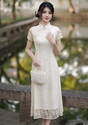 奥黛旗袍连衣裙夏季蕾丝中国风大码纯色，年轻款2024年米色立领