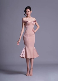 泰国潮牌设计师金晨同款修身显瘦气质V领一字露肩鱼尾聚会连衣裙