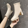 欧美法式小短靴2023百搭粗跟方头，马丁靴高跟仙女风白色瘦瘦靴