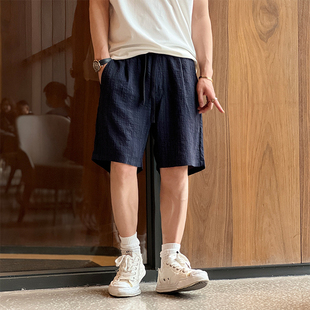 日系复古高级男士休闲五分裤夏季透气沙滩裤纯色宽松直筒轻便短裤