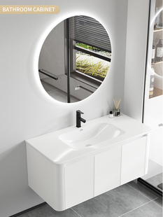 圆角太空铝挂墙式浴室柜壁挂式洗面盆柜组合一体陶瓷盆智能镜柜