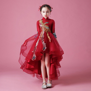 女童晚礼服中国风花童，公主裙儿童走秀高端主持演出服红色拖尾高级