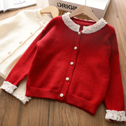 女童韩版甜美针织开衫，2024蕾丝珍珠儿童毛衣，外套春装纯色上衣
