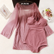 泳衣女款连体两件套性感，露背紫色月光纱，温柔保守遮肉女士温泉泳装