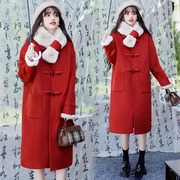 新中式国风毛领牛角扣呢子搭配马面裙大衣冬红色可拆卸毛领外套女