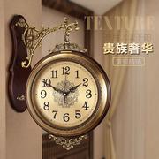 黄铜欧式挂钟双面表钟客厅时尚，钟表创意实木装饰艺术壁挂静音挂表