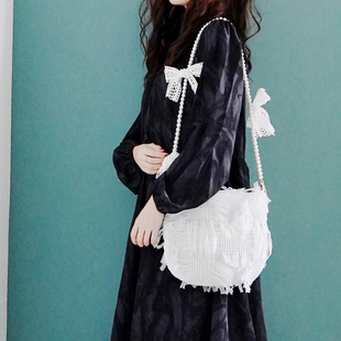 原创小众黑白蕾丝纱珍珠链，lolita斜挎包，单肩包气质时尚复古蝴蝶结