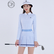 23高尔夫女装秋冬季套装蓝色格子长袖上衣蓝白色百褶短裙子防走光