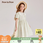 PawinPaw卡通小熊童装2024年夏季女童撞色蕾丝领条纹连衣裙