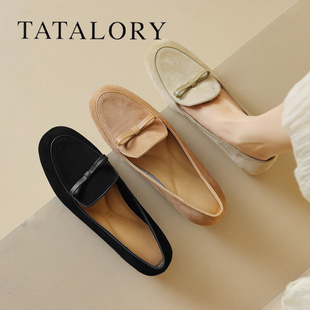 tatalory女鞋蝴蝶结粗跟豆豆鞋一脚蹬舒适单鞋，磨砂复古气质圆头