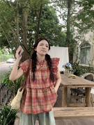  格子少女飞飞袖重工设计感衬衫短袖上衣韩系女装夏季