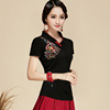 民族风女上衣夏季短袖黑色v领刺绣t恤日常复古改良版中国风 女装