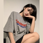 纯棉灰色字母印花短袖女T恤2022夏季韩版宽松半袖中长女上衣