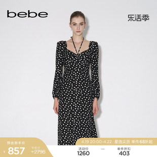 bebe秋冬系列女士时尚，气质波点印花泡泡袖，长袖连衣裙350006