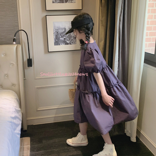 韩国设计中大童装短袖长裙2024夏季女童宽松大码泡泡袖连衣裙