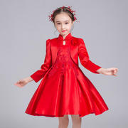 儿童礼服春秋款大红色中大童装连衣裙长袖，女童公主裙2件套装韩版