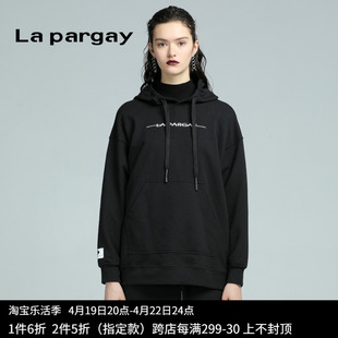 lapargay纳帕佳2023女装，春秋季黑色长袖，连帽卫衣针织套头衫