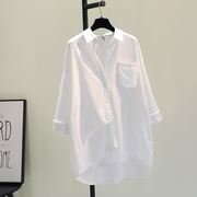 白色棉麻衬衫单口袋(单口袋，)bf风衬衣，2024春季韩版宽松休闲中长款开衫