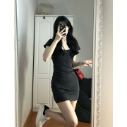 辣妹u领短袖连衣裙，女夏季ins潮纯欲风性感