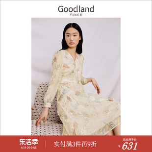 Goodland美地女装2023秋季法式优雅贝色钉珠泡泡袖绣花连衣裙