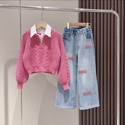女童冬季韩版假两件衬衫加厚毛衣，甜酷绣花加绒牛仔直筒裤套装