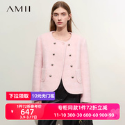 Amii2023冬香风圆领双排扣羊毛呢外套女莫比乌斯环刺绣上衣