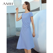 Amii法式雪纺连衣裙2023女气质收腰显瘦一字领短袖夏季裙子