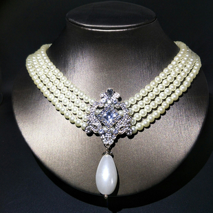 欧美珍珠短项链女时尚百搭多层颈链水晶宝石，吊坠围脖链连衣裙配饰
