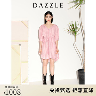 dazzle地素奥莱春夏粉色，甜美系带法式廓型收腰短袖连衣裙女