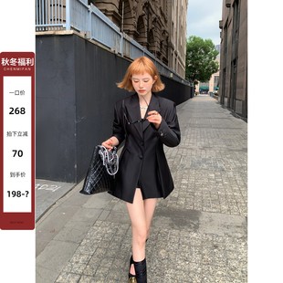 辰米范 黑色收腰西装外套女2023秋冬设计感气质长袖小西服