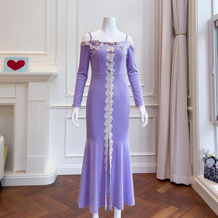 秋冬时尚浪漫紫色珍珠，吊带长袖连衣裙女绣花长礼服67635