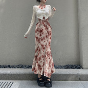 新中式复古旗袍镂空玫瑰印花修身连衣裙长袖蕾丝盘扣上衣套装