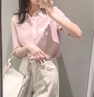 韩版冰丝polo衫针织翻领短袖t恤女2022年夏季薄款宽松粉色上衣女