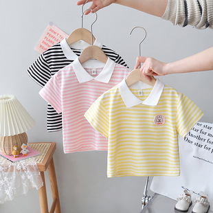韩版儿童装夏季女童条纹plo衫婴儿纯棉翻领上衣女宝宝短袖T恤宽松