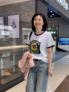 网红夏向日葵印花T恤女短袖正肩漂亮时尚衣服甜美白色上衣半截袖