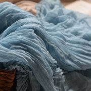 天蓝禅舞丝巾超大蓝色肌理，褶皱棉麻围巾气质旅行披肩