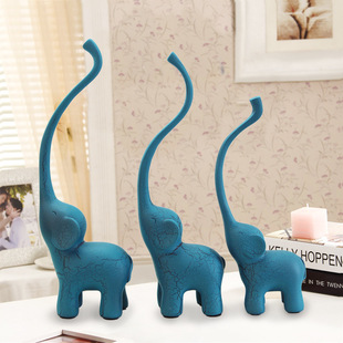 树脂工艺品现代简约蓝色，三只小象摆件，橱窗家居装饰品创意