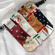 春秋冬季袜子女纯棉中筒袜，韩国东大门可爱圣诞酒，红色新年中(新年中)腰短袜