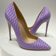 秋浅紫色蛇纹单鞋，女12cm细跟浅口高跟鞋性感，夜店尖头鞋10cm