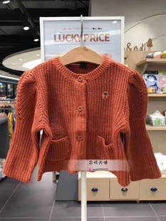 韩国中小童装 21秋女宝宝甜美砖红色泡泡袖针织开衫 毛衣外套