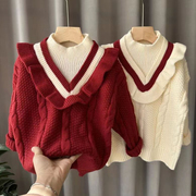 儿童新年红色毛衣女童半高领假两件套针织衫女宝宝冬装花边毛线衣