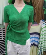 复古少女草绿咖啡色v领系带，交叉冰丝薄款针织开衫修身显瘦上衣夏