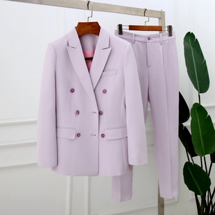 淡紫色双排扣西装套装女修身ol通勤高级感西服西裤