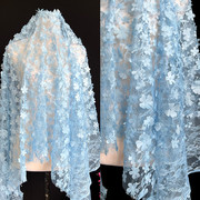 浅蓝色白色立体花朵，镂空蕾丝布料面料服装连衣裙，家居装饰布料