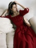 法式复古红色七分袖连衣裙，赫本风日常小红裙子福利不退换